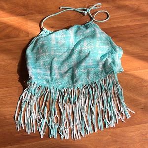 Blue and white tie dye bathing suit top.